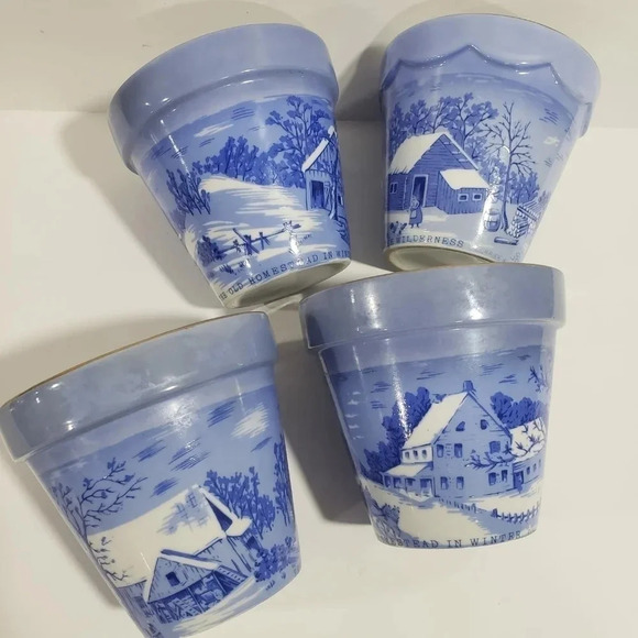 VTG Set  Of 4 Currier and Ives Mini Plant Pots Farm Scenes,Blue. - Picture 1 of 12